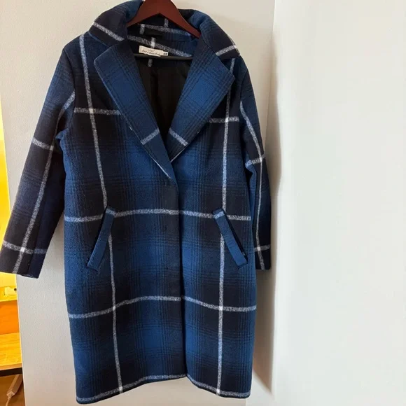 H&M Felted Oversized Coat Check Plaid Dark Blue Size M Bloggers' Favorite - Picture 5 of 15